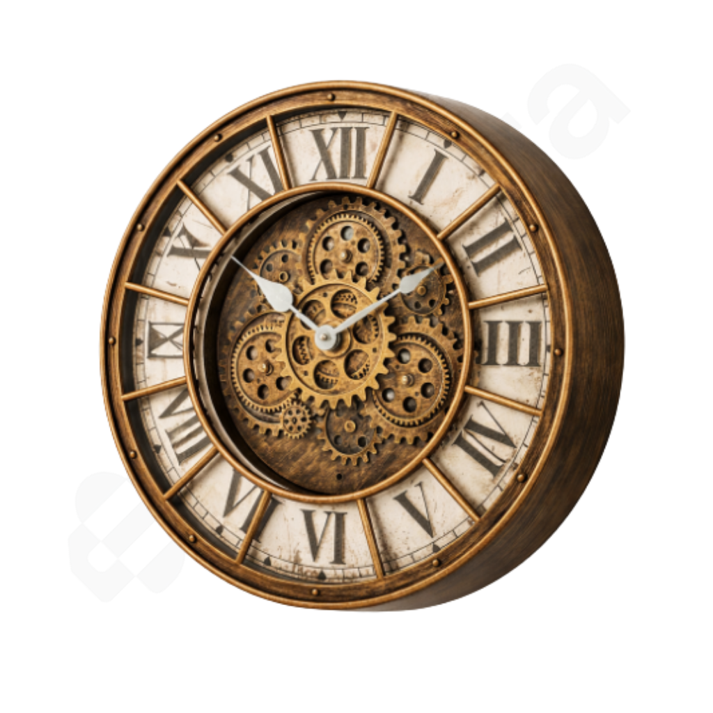 Decorative wall clock with mechanical gears on a white background