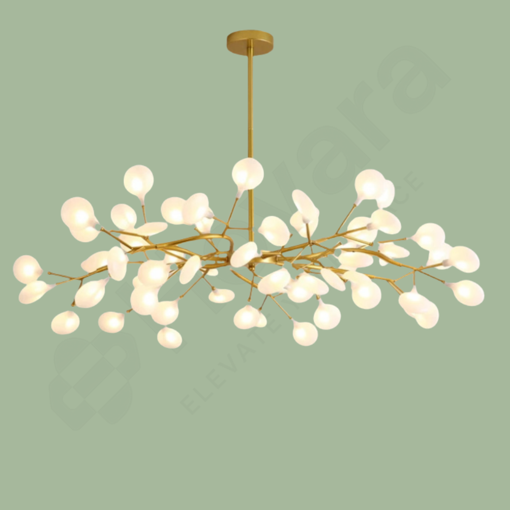 Modern chandelier with multiple light bulbs on a green background