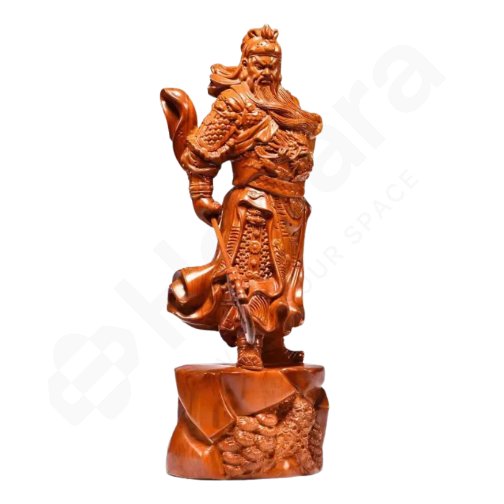 Wooden statue of a warrior on a white background