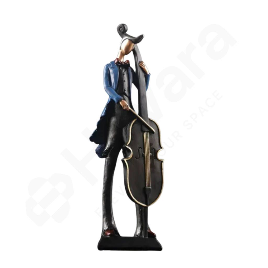 Statue of a person playing a cello on a white background