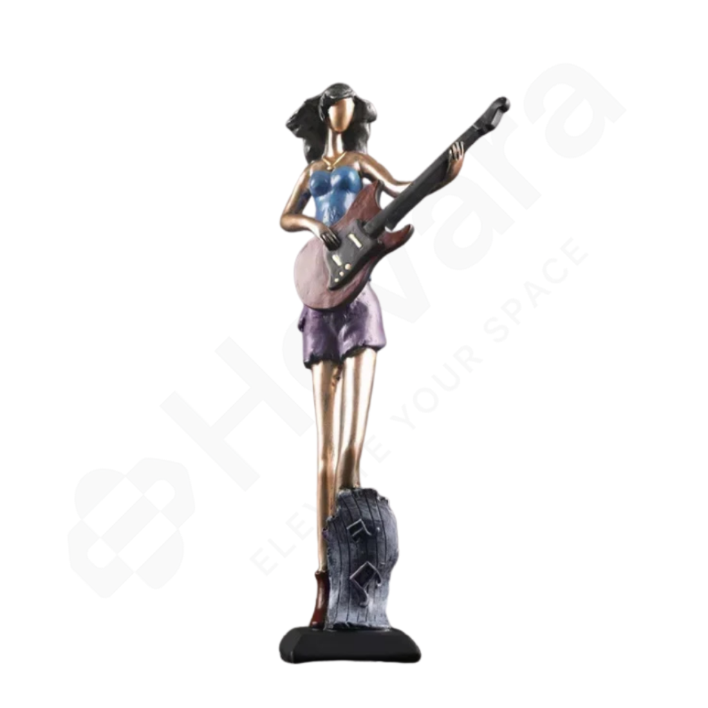 Statue of musician with guitar on a white background