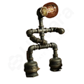 Steampunk-style lamp with metallic design and bulb on a white background