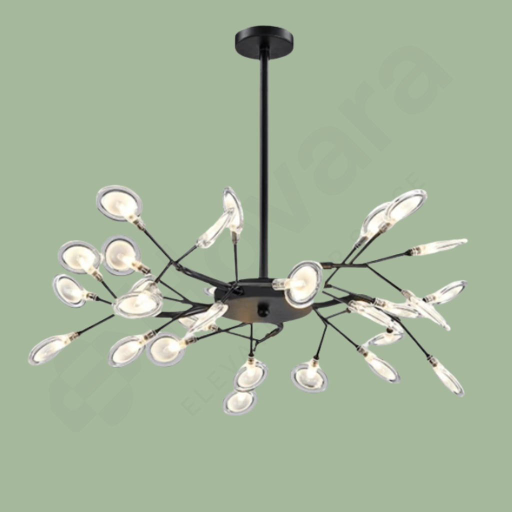 Modern chandelier with multiple light bulbs on a green background