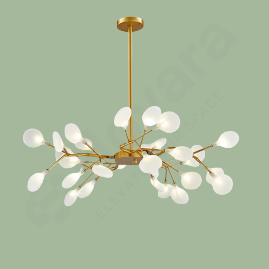 Modern chandelier with gold frame and white bulbs on a green background