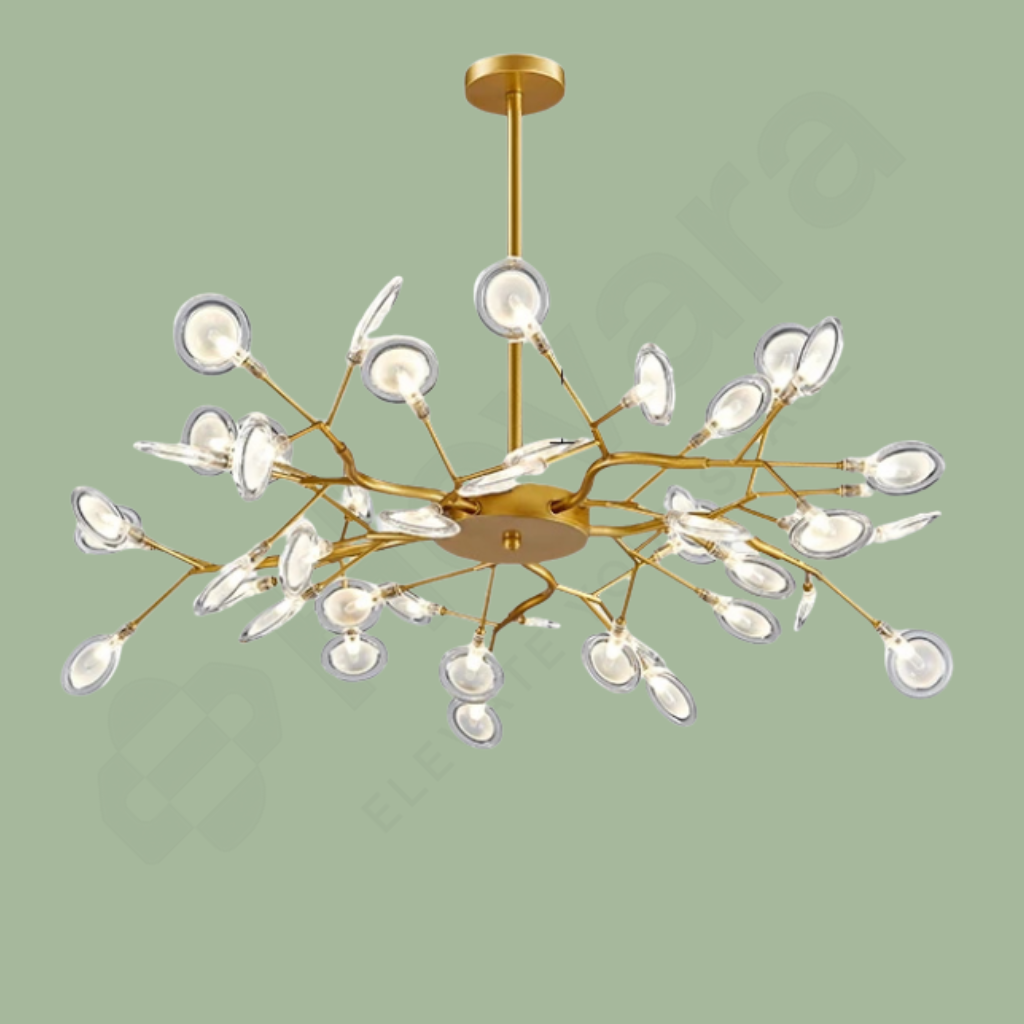 Gold chandelier with crystal-like elements on a green background