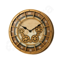 Decorative wall clock with mechanical gears and numbers on a white background