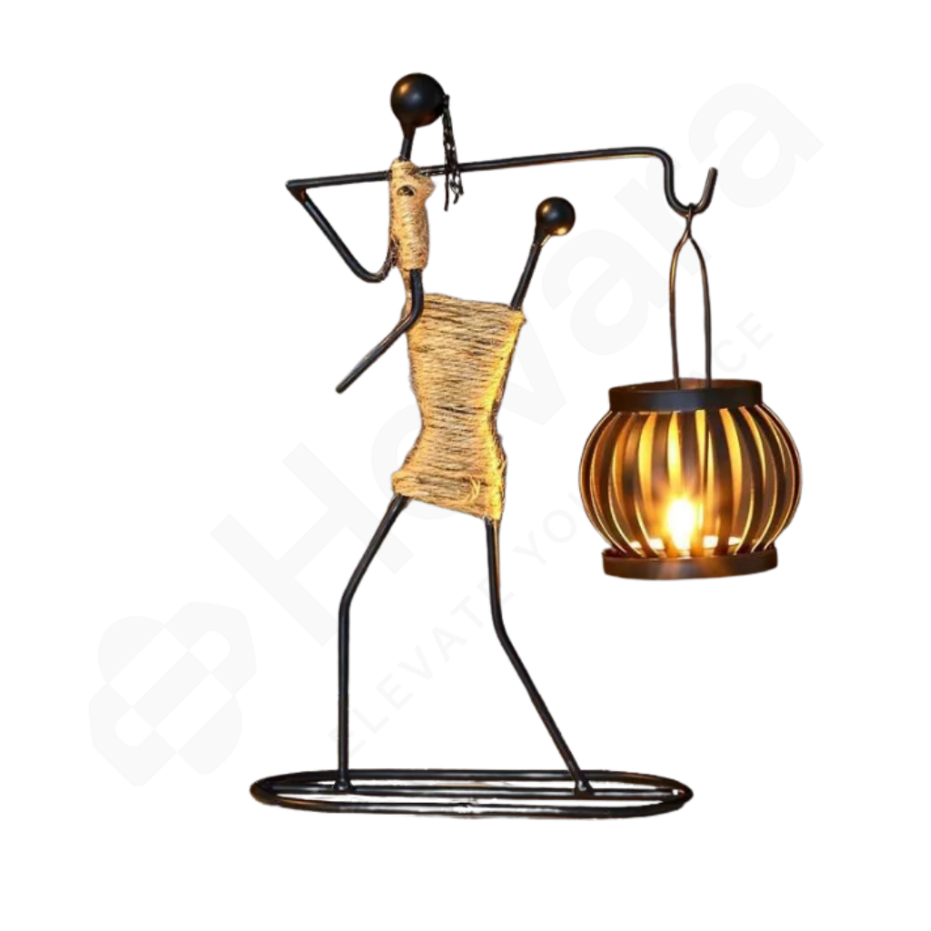 Decorative lamp with a wicker basket and metal stand on a white background