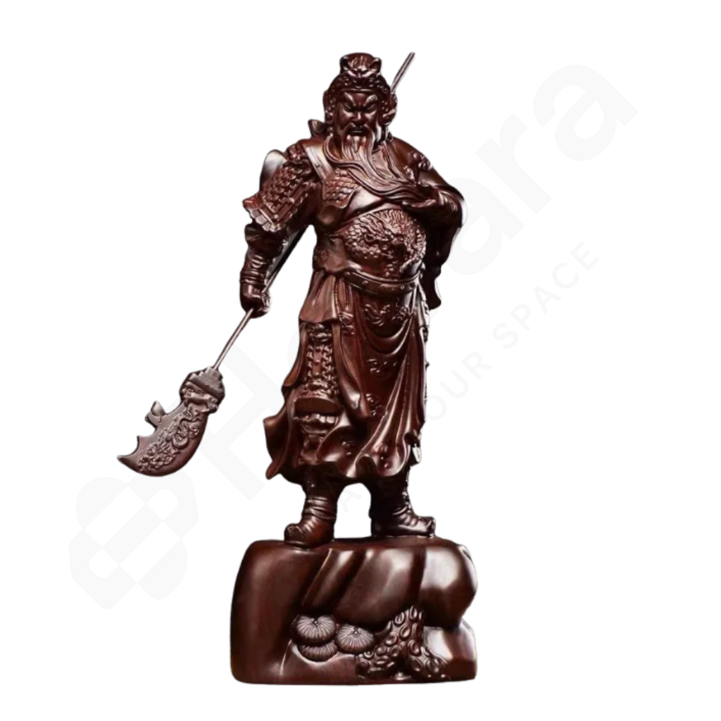 Wooden statue of a warrior holding a weapon on a white background