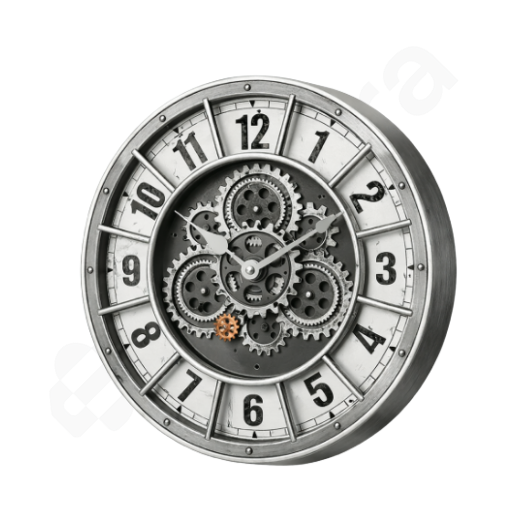 Mechanical wall clock with visible gears on a white background