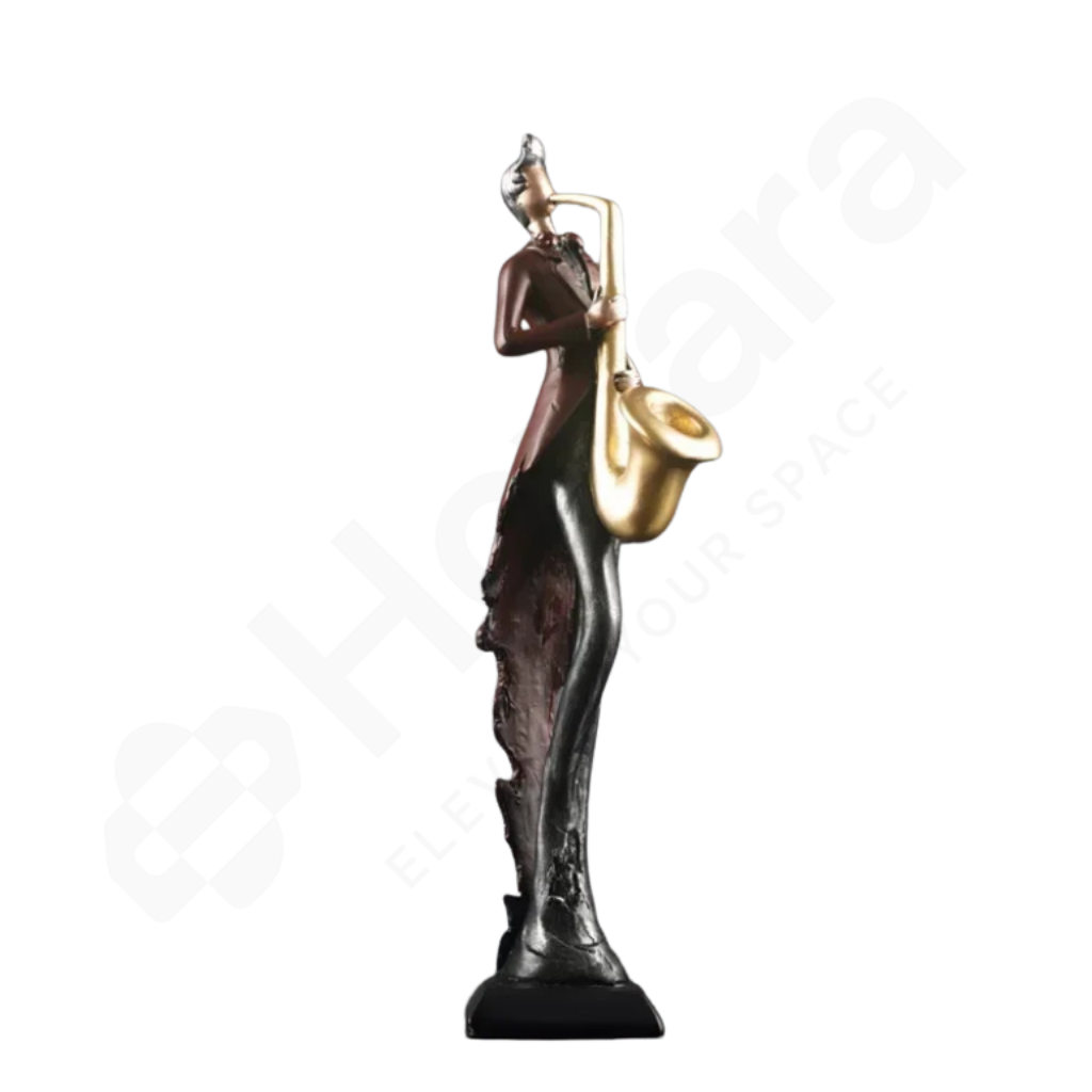 Statue of a person playing a saxophone on a white background