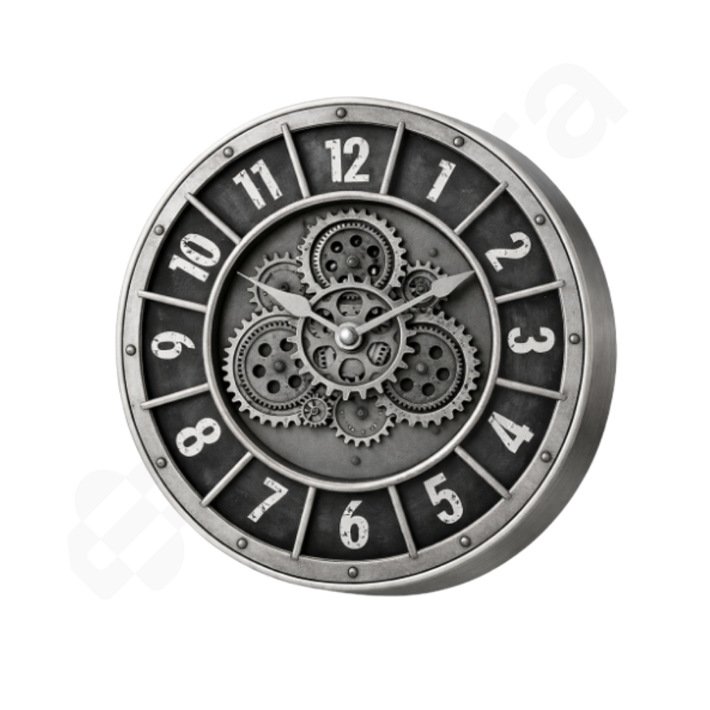 Decorative wall clock with gear design on a white background