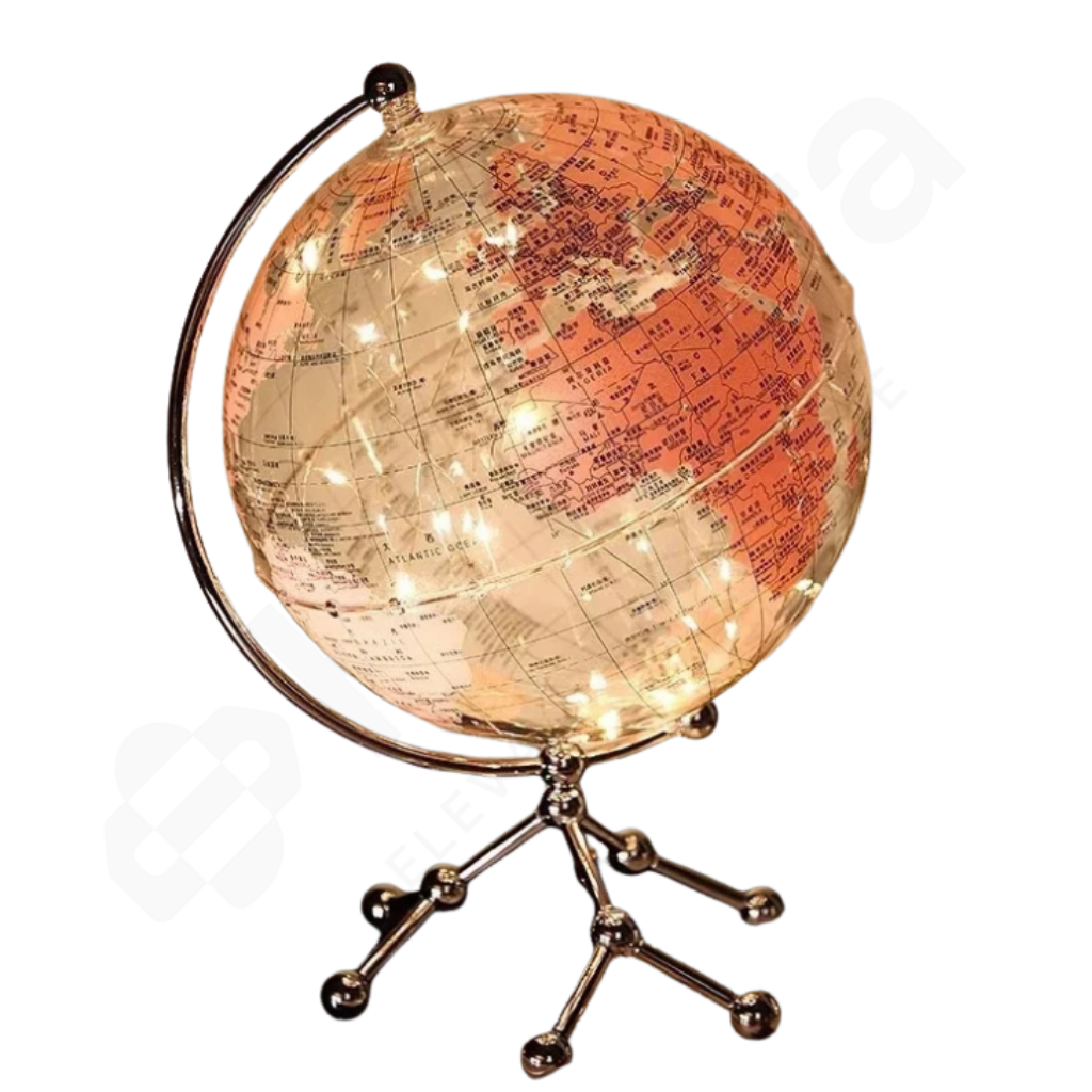 Decorative globe with string lights on a white background