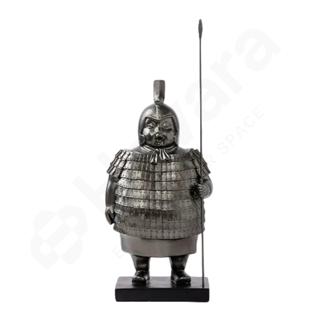 Statue of a warrior in armor holding a spear on a white background