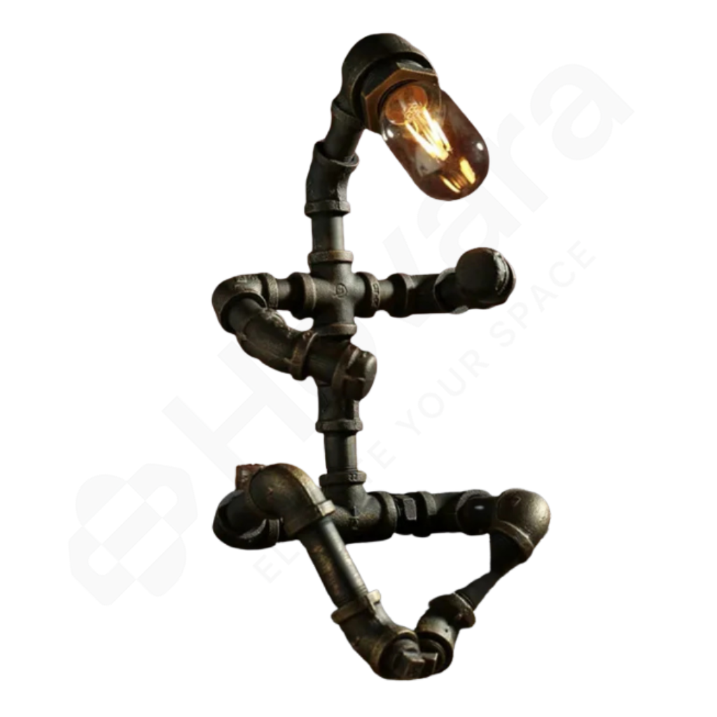 Decorative wall light fixture made of black metal pipes on a white background