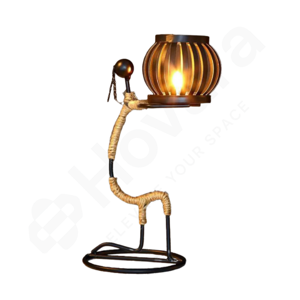 Decorative table lamp with wicker arm and wooden shade on a white background