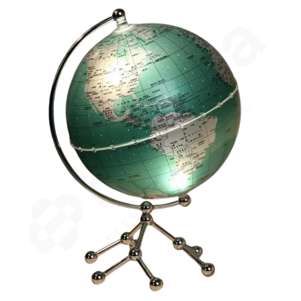 Green globe with a metal stand on a white background