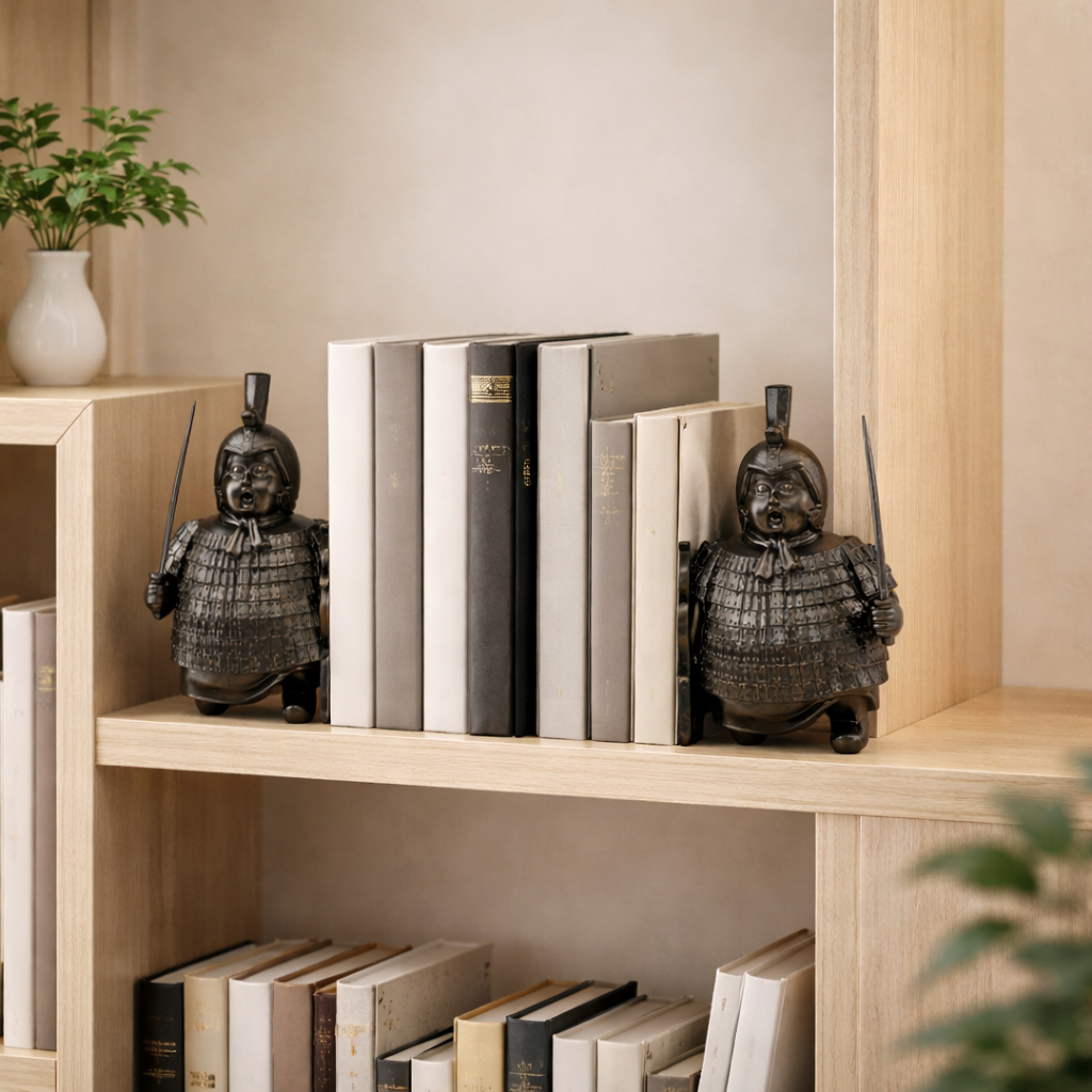 Decorative bookends shaped like warriors on a shelf with books