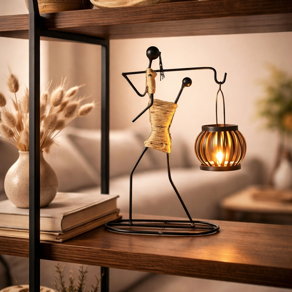 Decorative lamp with a unique design on a wooden shelf.
