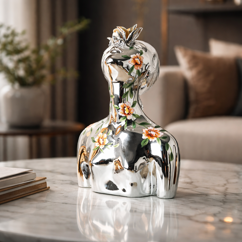 Decorative silver vase with floral patterns on a marble surface in a living room setting.