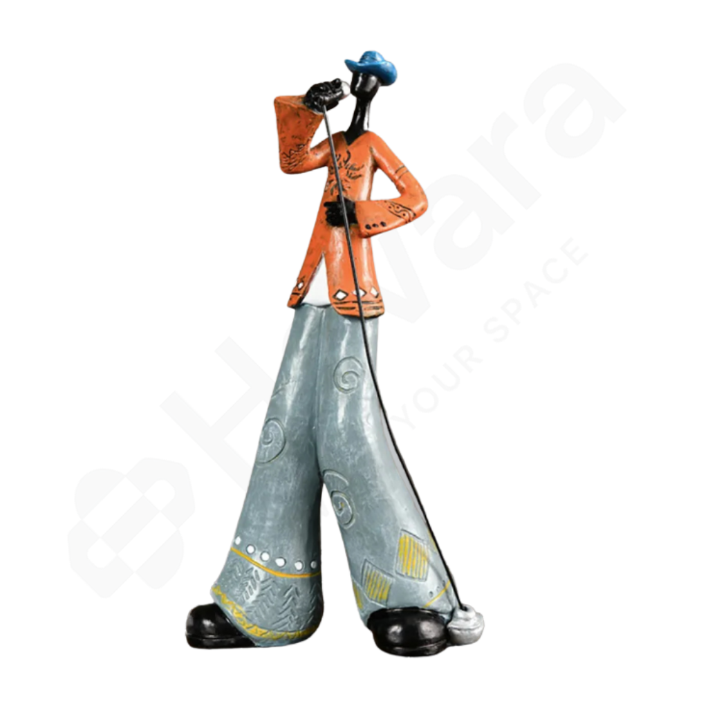 Colorful figurine of a person in an orange jacket and blue pants on a white background