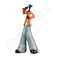 Colorful figurine of a person in an orange jacket and blue pants on a white background