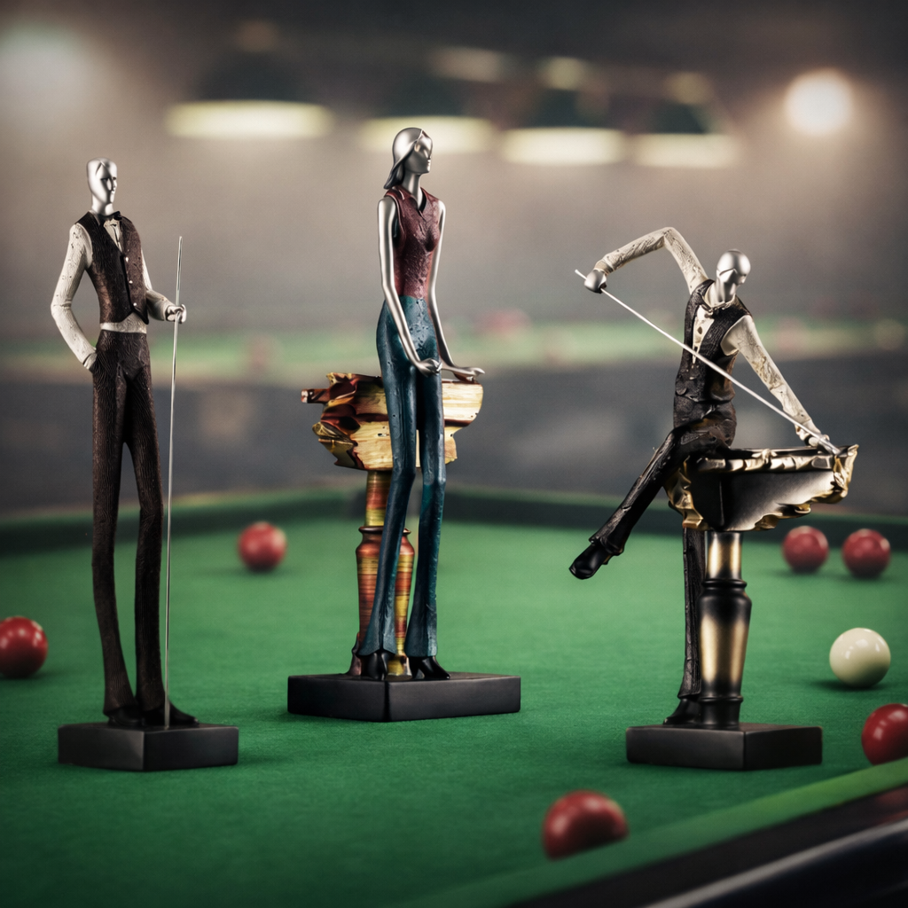 Three statues on a pool table with pool balls in the background