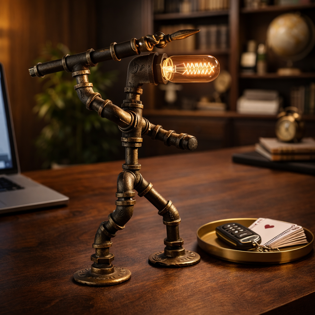 Steampunk-style lamp with a light bulb on a wooden desk.