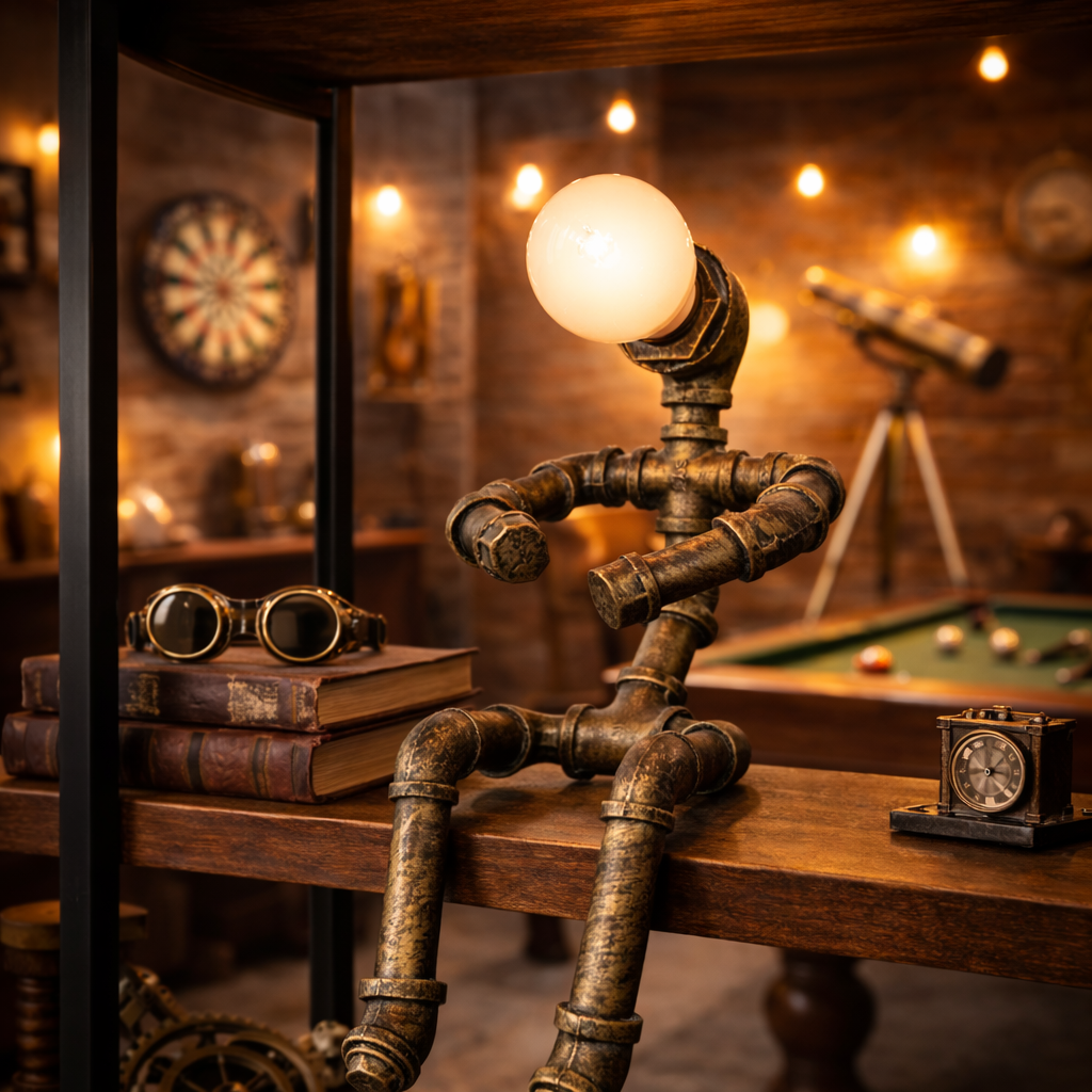 Steampunk-style lamp with pipe design on a wooden table in a cozy room.