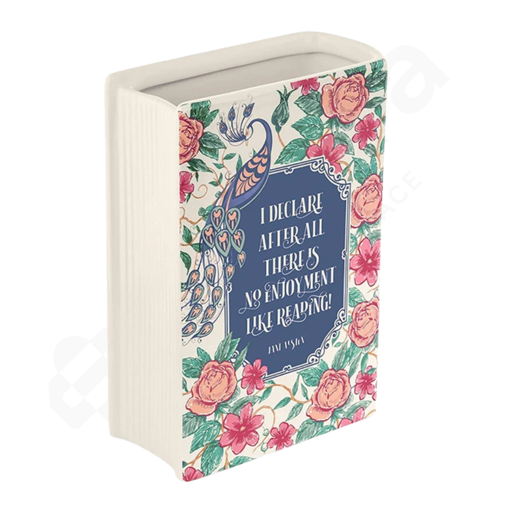 Decorative book-shaped container with floral design and text on a white background