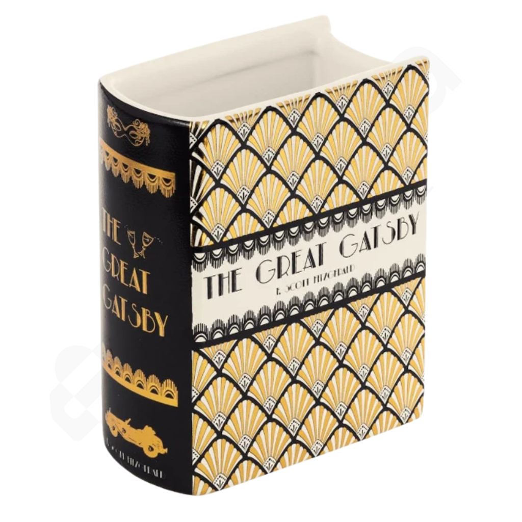 Book-shaped container with 'The Great Gatsby' design on a white background