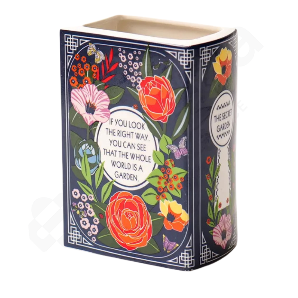Decorative container with floral design and text on a white background