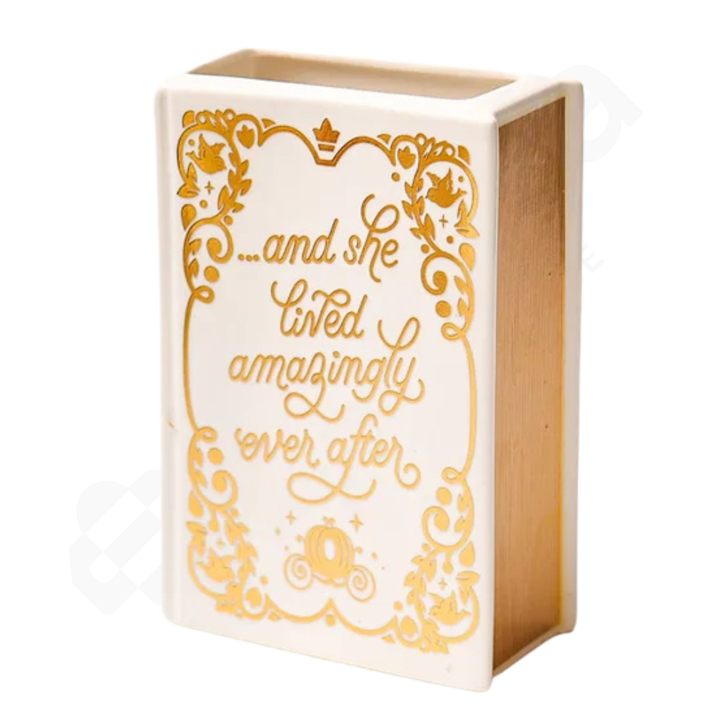 Decorative box with gold text and design on a white background
