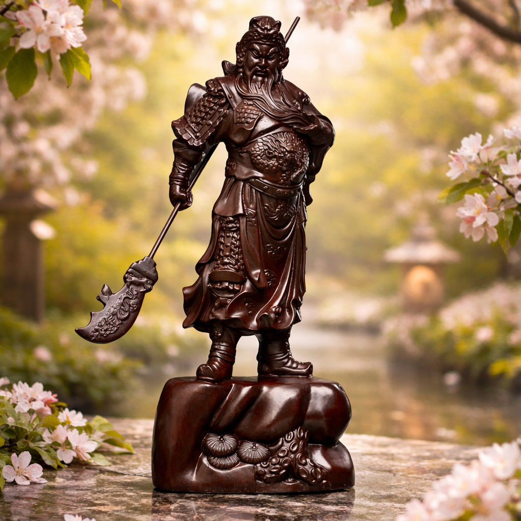 wooden statue of a warrior with a spear in a garden setting with cherry blossoms.