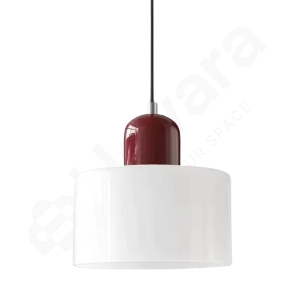 Pendant light with white shade and red base on a white background