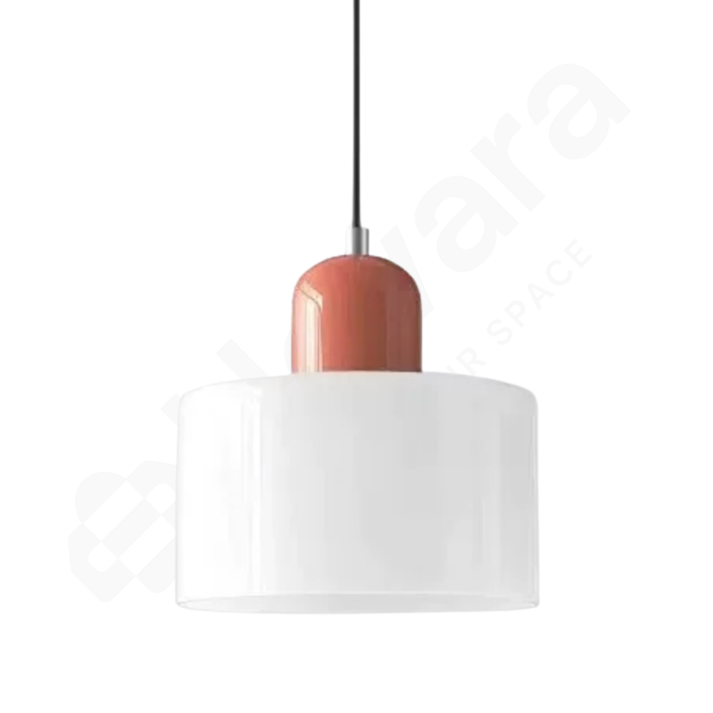 Pendant light with white shade and coral-colored top on a white background