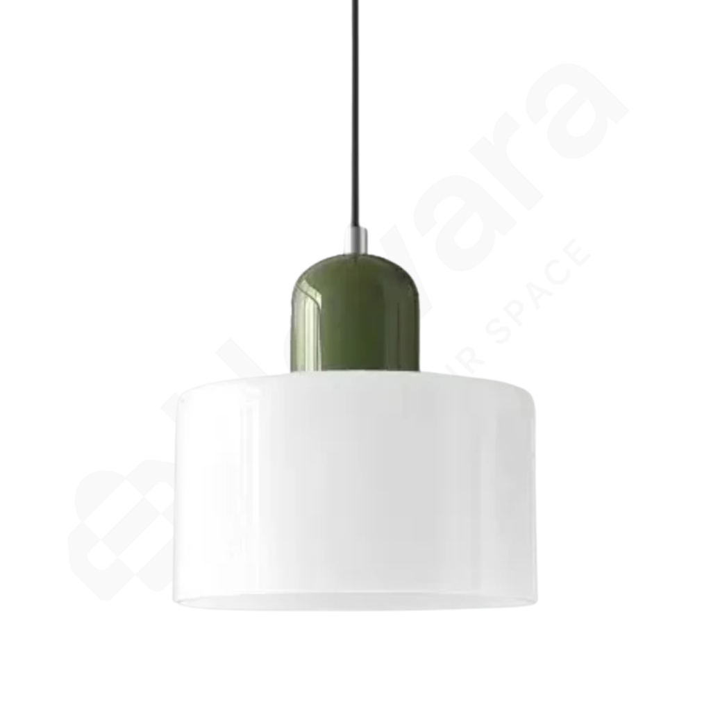 Pendant light with green fixture and white shade on a white background