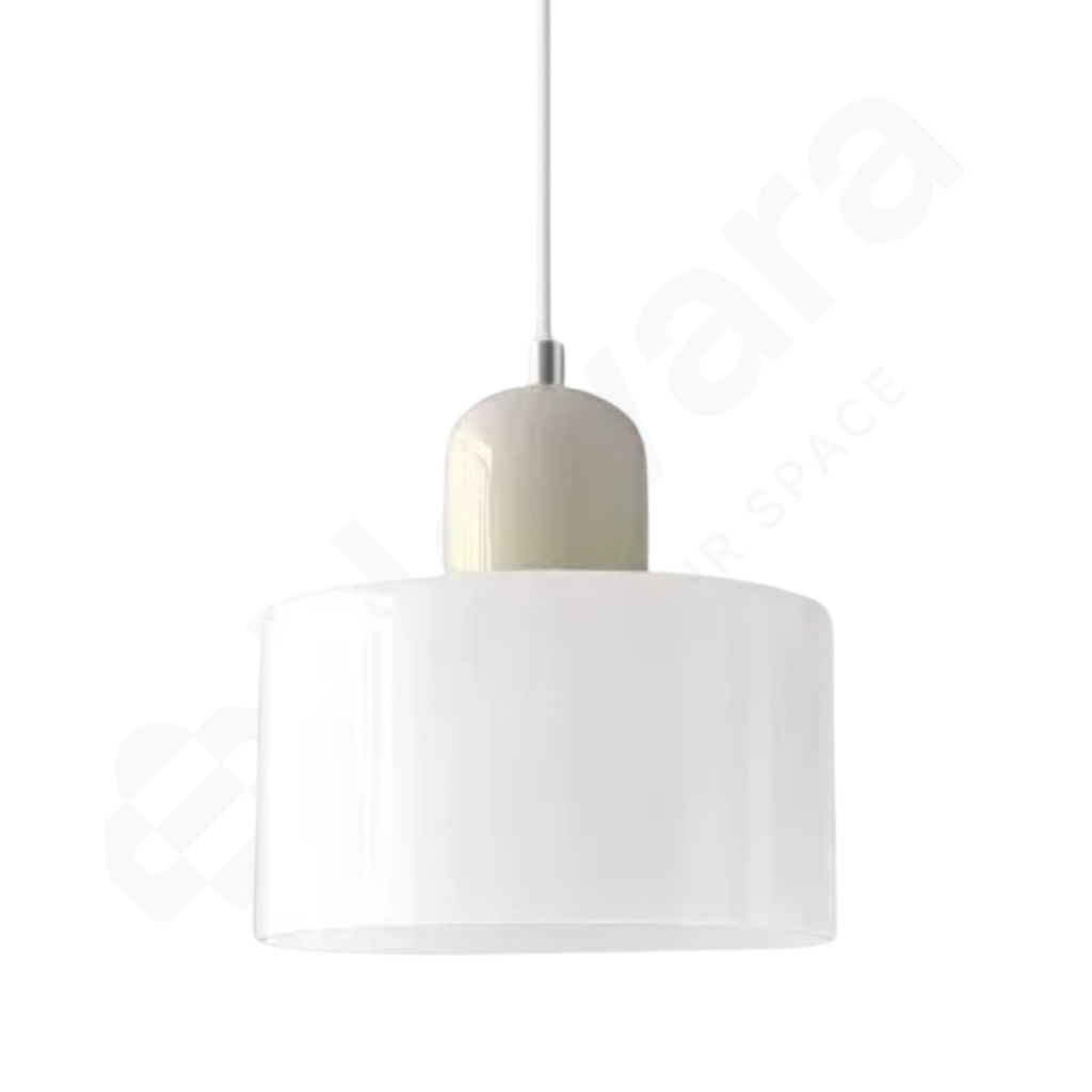 White pendant lamp with a beige fixture on a white background