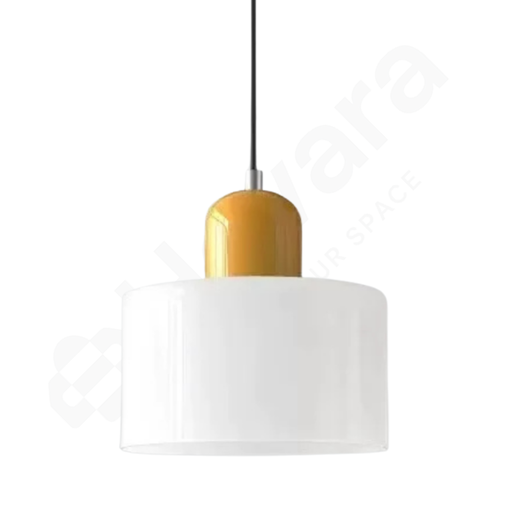 White pendant lamp with a yellow base on a white background